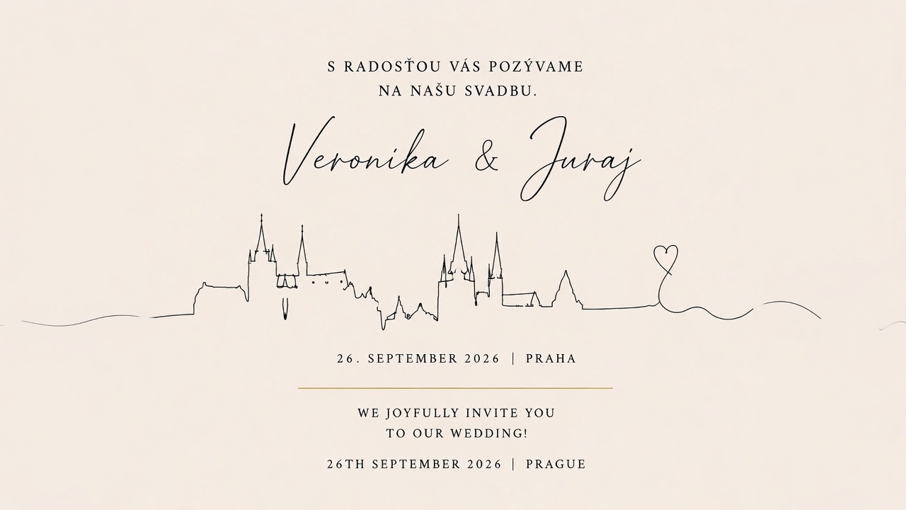 S radosťou Vás pozývame na našu svadbu. Veronika & Juraj — 26. september 2026, Praha. We joyfully invite you to our wedding! 26th September 2026, Prague.